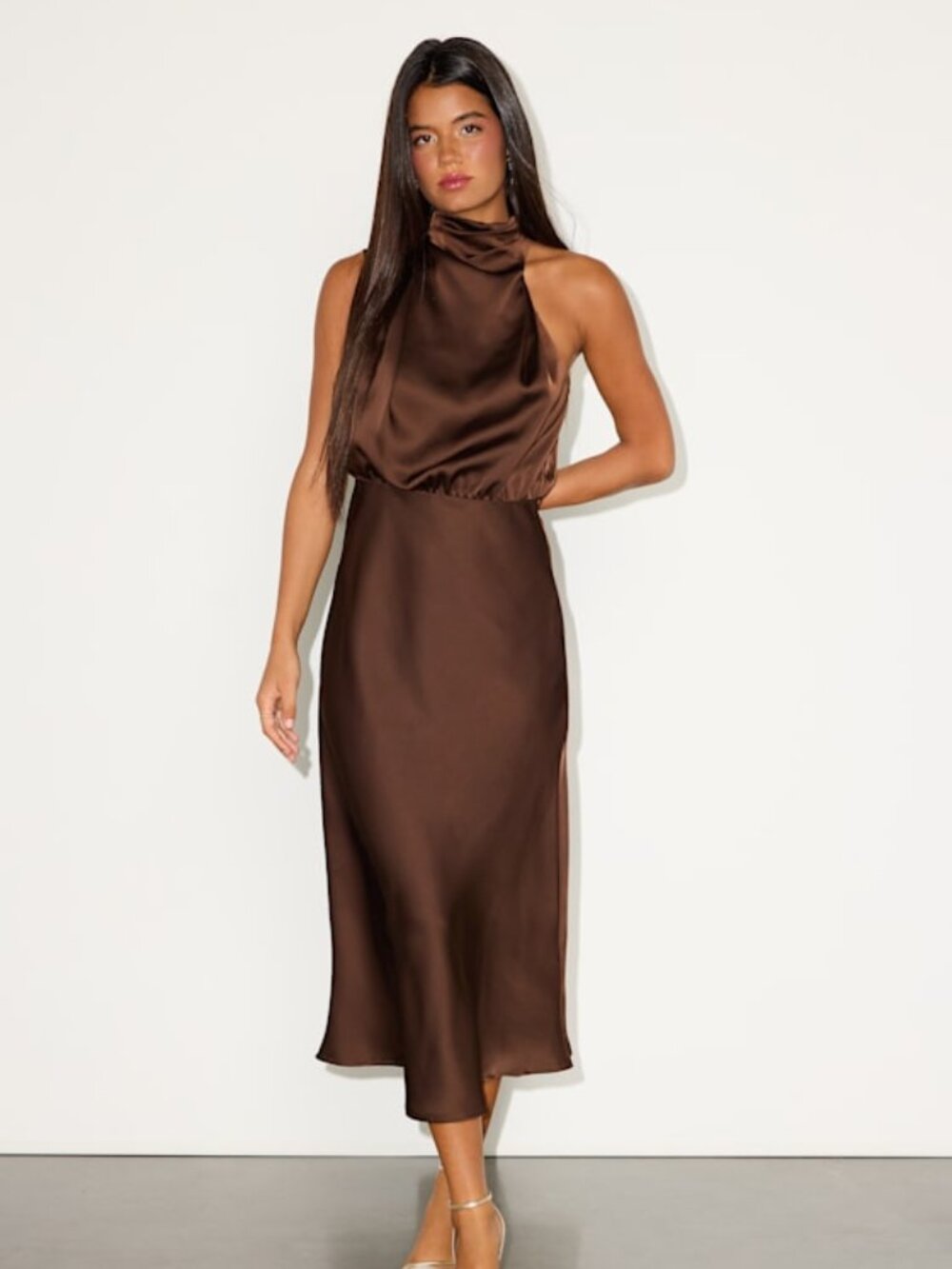 Lulus Distinctive Brown Satin Asymmetrical Midi Dress - Size XL